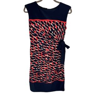 R&K navy blue with red and tan print sleeveless knee high dress size Small *